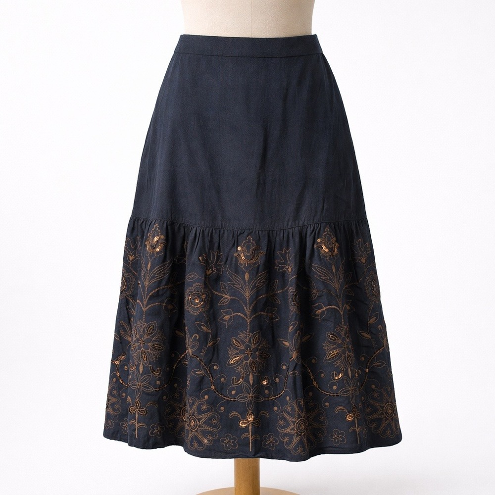 Vintage Embroidered Boho Skirt Navy Blue L Floral Sequin Tiered‎ Festival Grunge